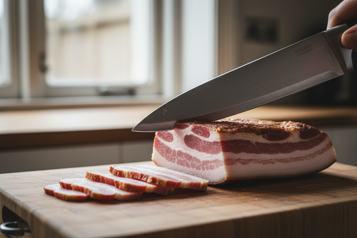 A slab of home-cured streaky bacon part sliced into rashers on a wooden board beside a long carving knife.