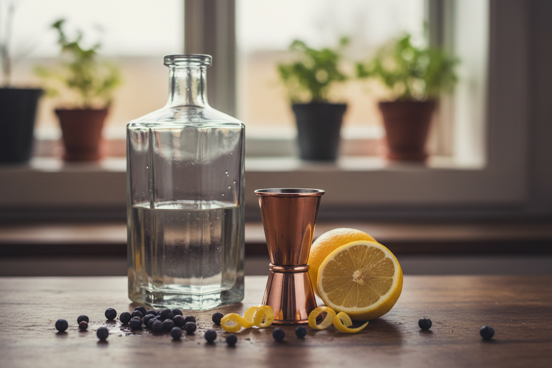 A glass of gin and tonic beside juniper berries, dried citrus peel and coriander seeds on a wooden table.