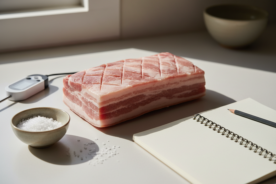 A cured pork belly and strips of drying beef on a wire rack in a cool kitchen setting.