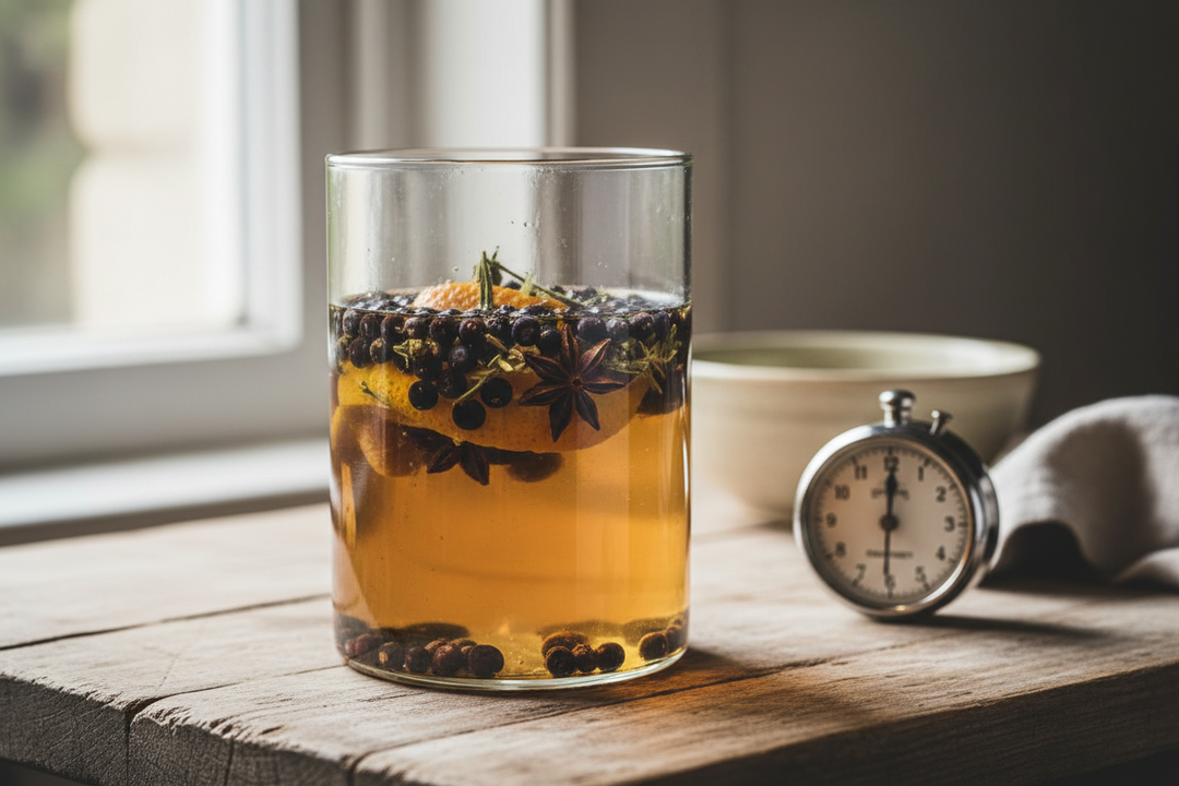 A jar of vodka infusing with juniper berries, citrus peel and spices beside a tasting pipette.