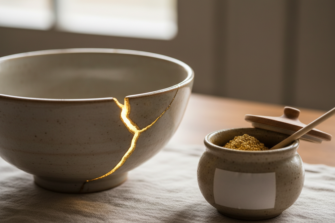 A repaired ceramic bowl with bright golden seams catching the light, beside a small pot of gold pigment and a mixing card.