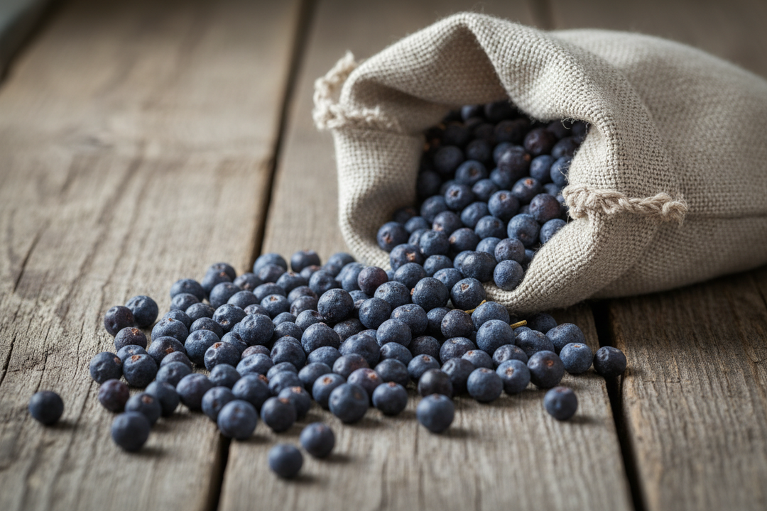 A small pile of dusty blue black juniper berries beside a measuring spoon and a jar of clear spirit on a wooden table.
