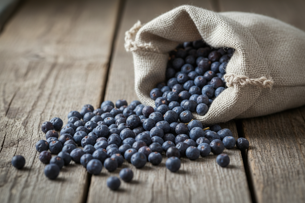 A small pile of dusty blue black juniper berries beside a measuring spoon and a jar of clear spirit on a wooden table.