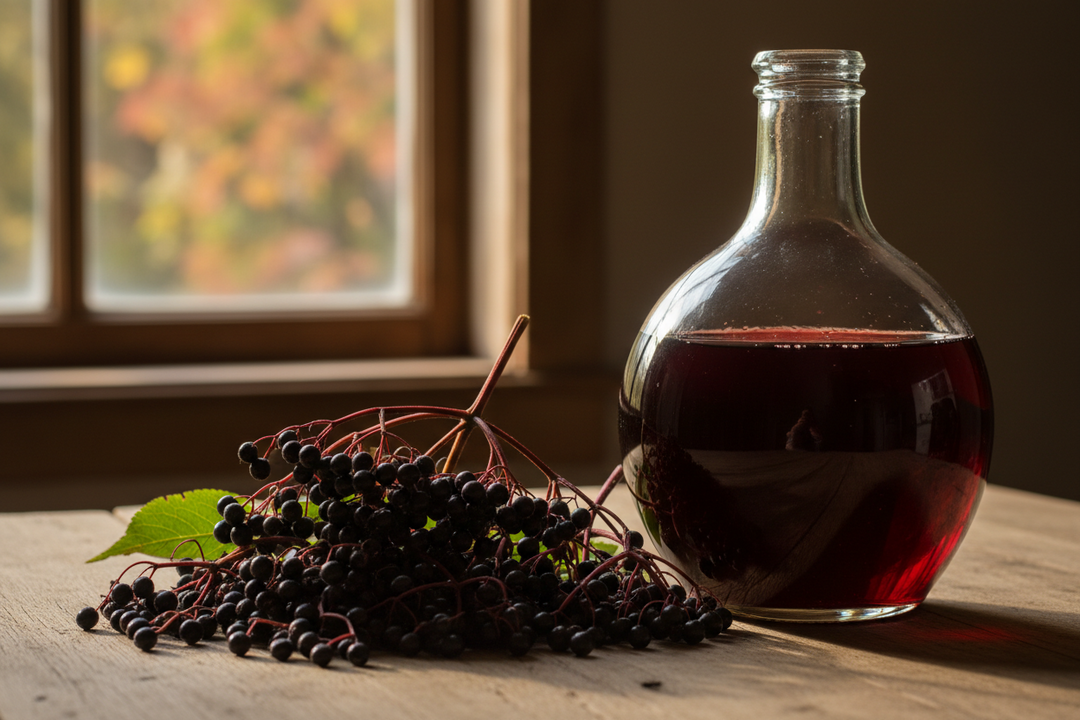 Heads of ripe black elderberries beside a bottle of deep purple homemade elderberry wine.
