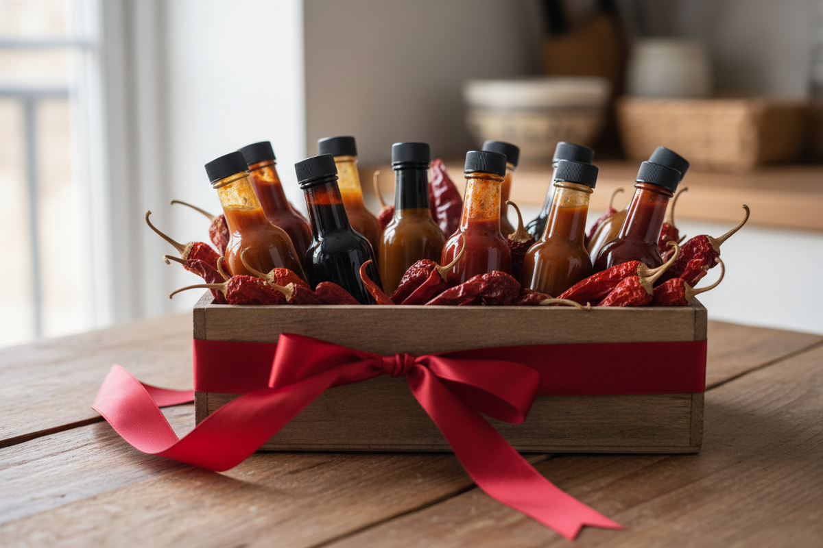 Bottles of homemade chilli sauce in different colours beside dried chillies and a small sieve on a rustic wooden table.