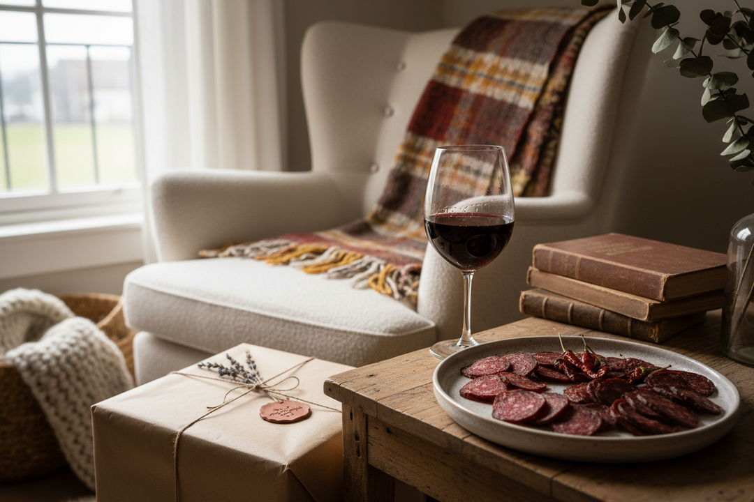 A dry-cured pork belly, a bottle of homemade country wine and strips of biltong laid out on a rustic wooden kitchen table.