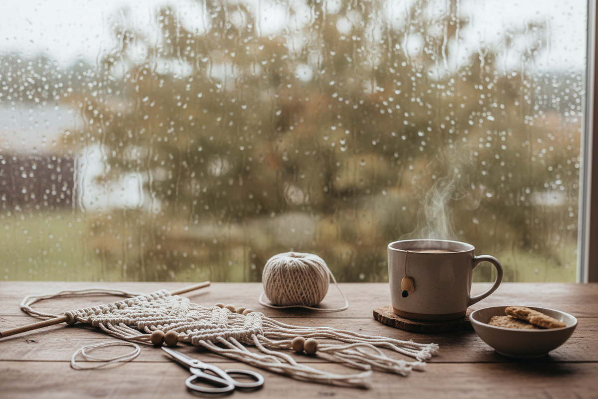Rain running down a kitchen window with a cheese cloth, mixing bowl and jar of infusing botanicals on the table behind it.