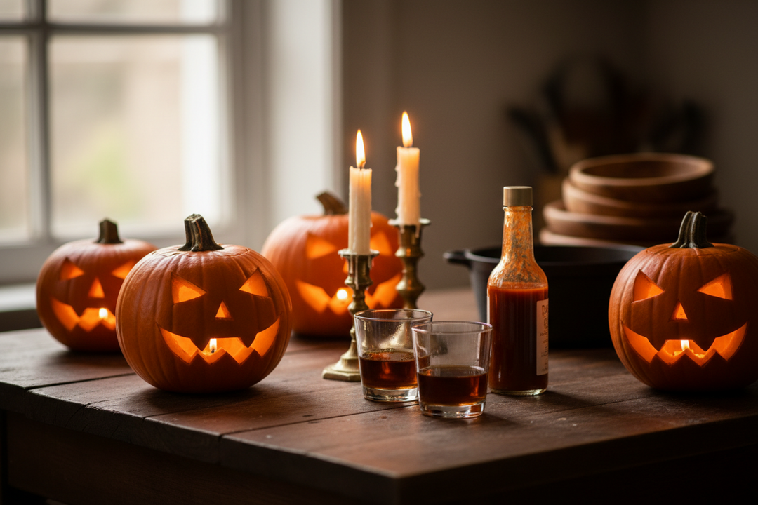 Bottles of homemade hot sauce and dark spiced rum on a wooden table lit by candles beside a fire.
