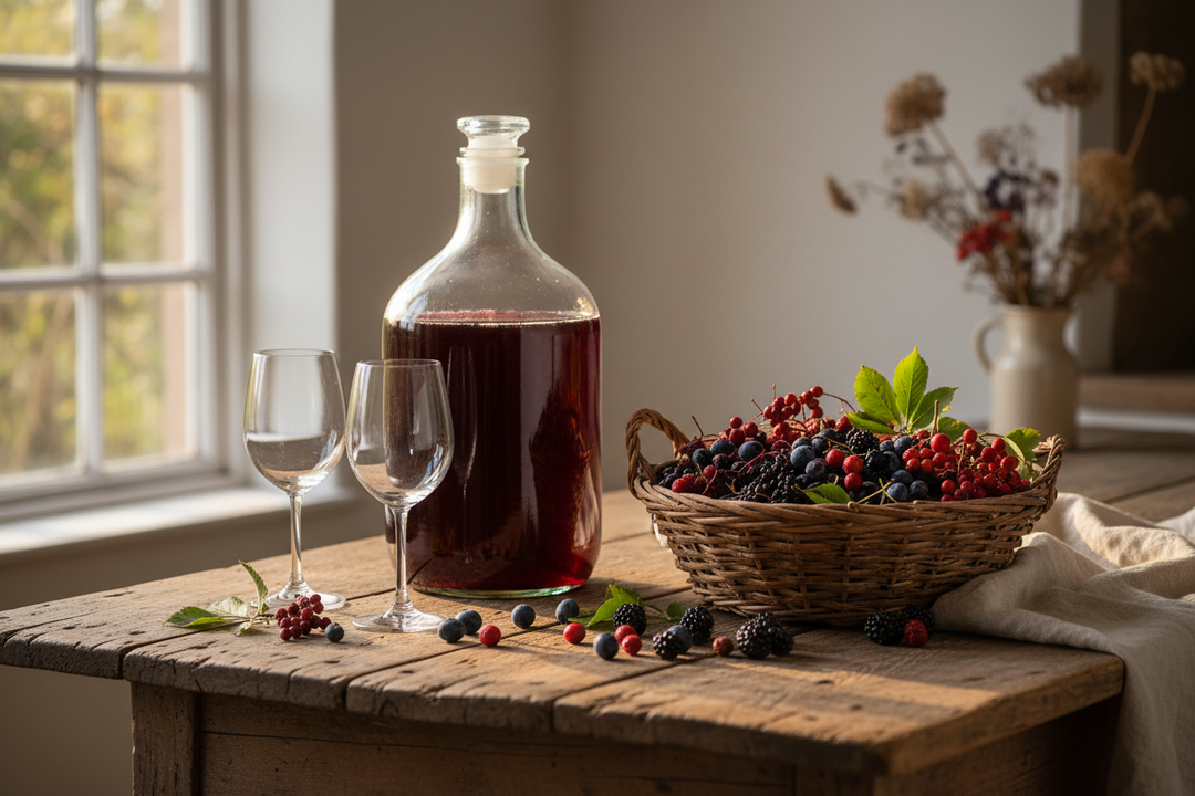 A demijohn of deep red hedgerow wine with an airlock, beside a bowl of blackberries and empty bottles on a wooden table.