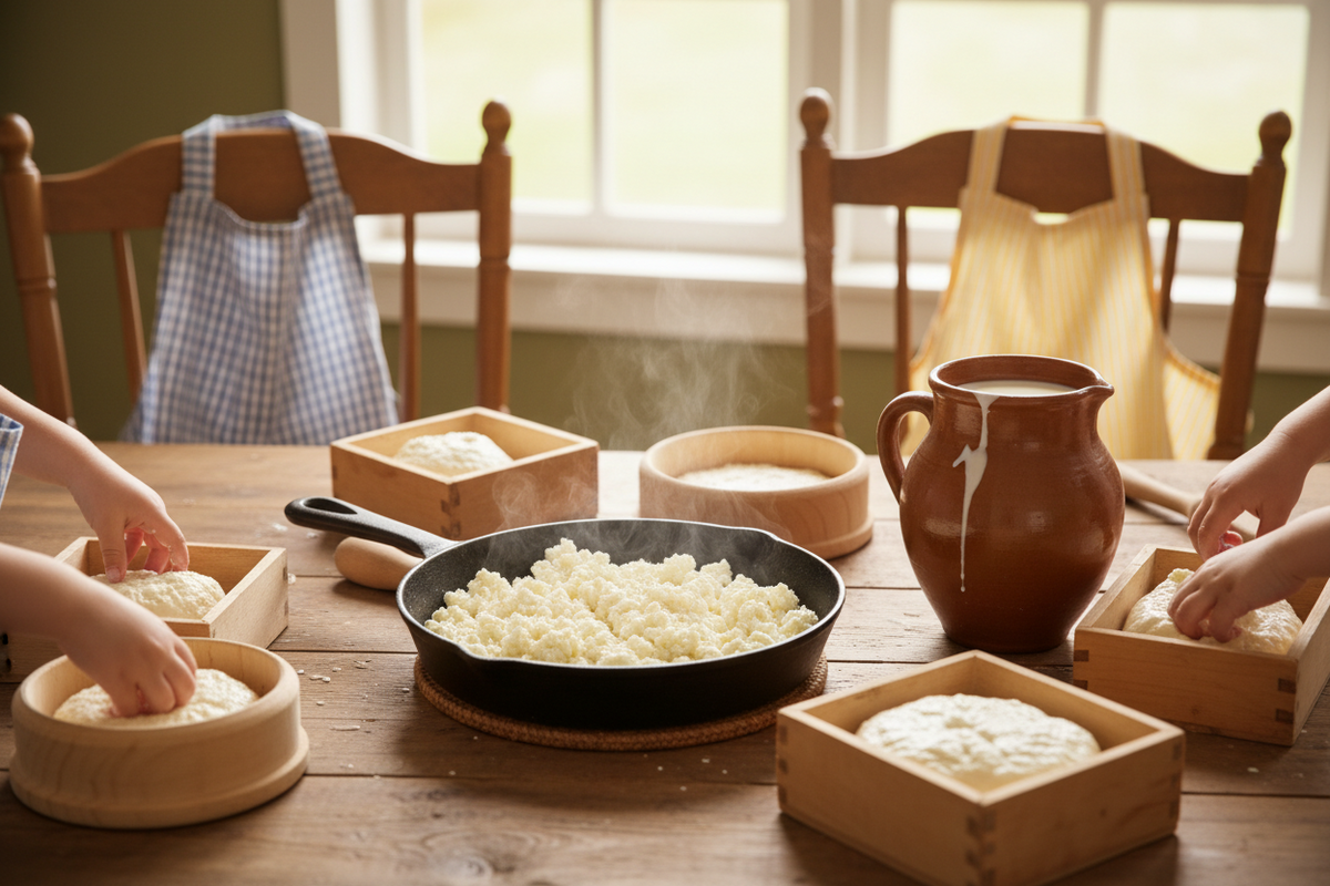 A pan of fresh curds and whey beside a colander lined with cheesecloth and a bowl of ricotta on a farmhouse kitchen table.