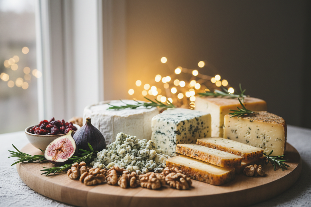 A festive cheese board with a ball of fresh mozzarella, a pressed round of goat's cheese, grapes, walnuts and oatcakes on a wooden board.
