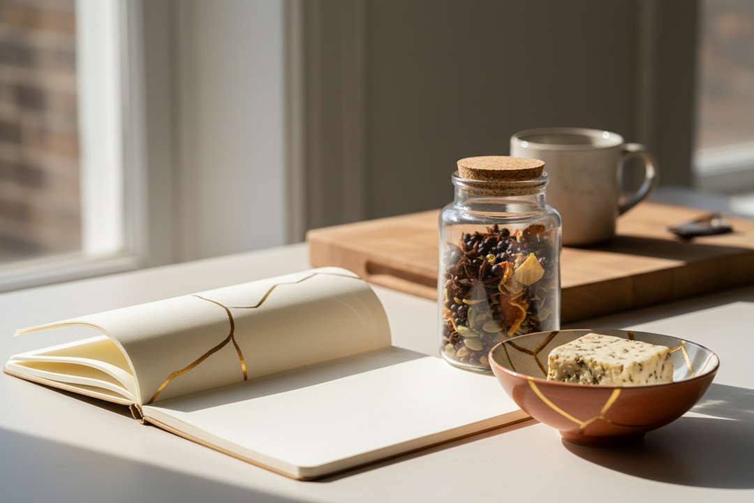 A gold-repaired bowl, a ball of fresh mozzarella and a jar of infusing gin on a rustic wooden table in January light.