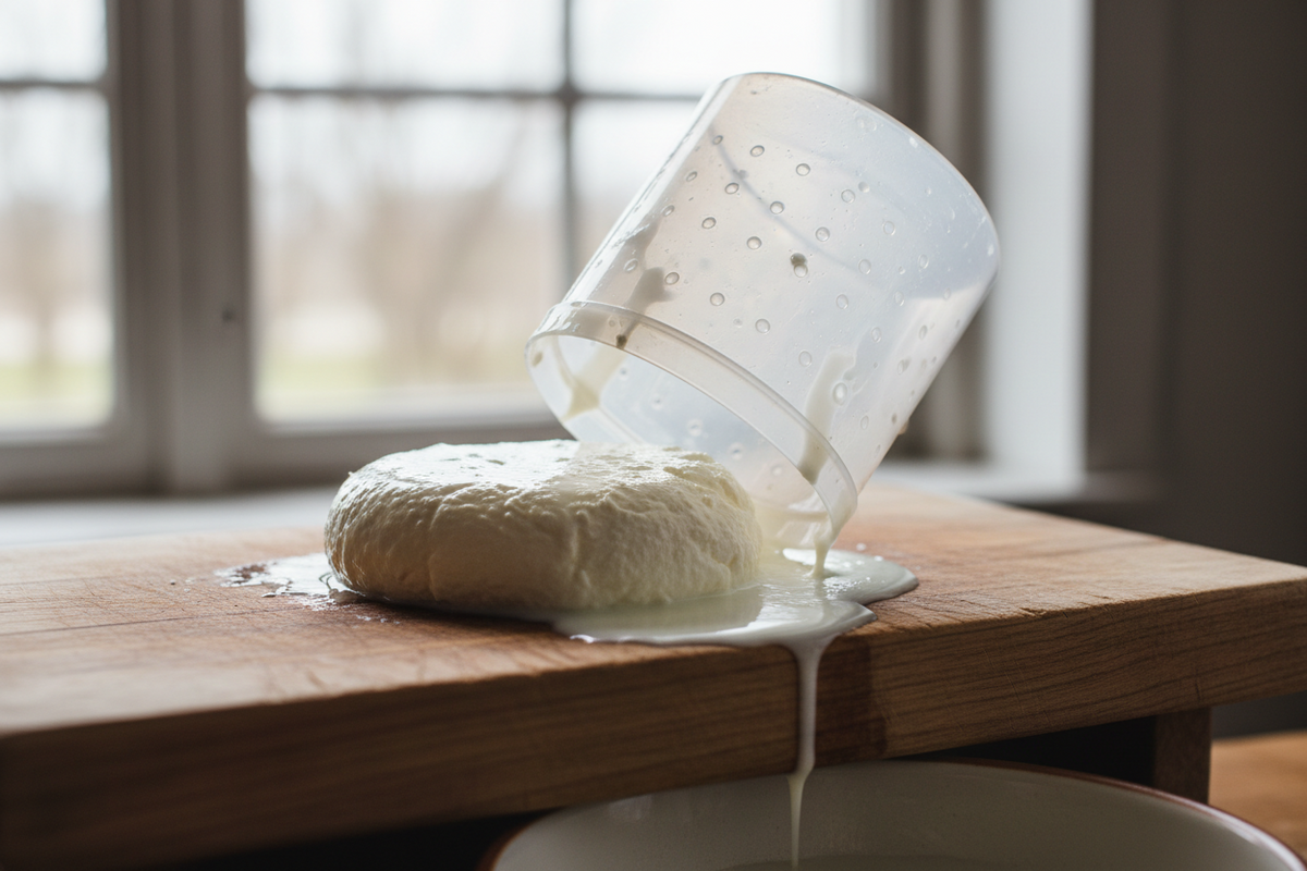 A perforated cheese mould lined with cloth, filled with fresh curds and pressed under a weight on a wooden board.