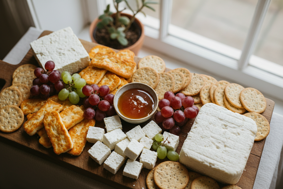 A wooden board laid with fresh homemade cheeses, grapes, honey, walnuts and sourdough on a farmhouse kitchen table.