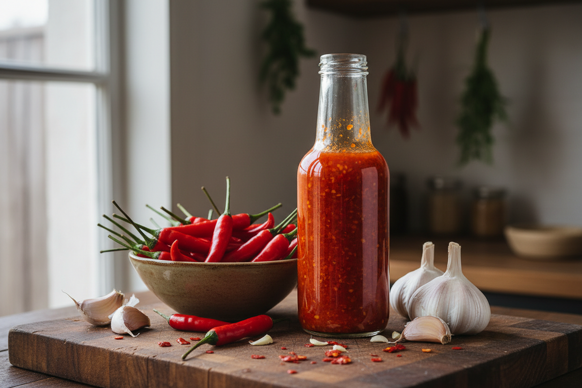 A bottle of deep red homemade sriracha-style chilli sauce beside whole garlic cloves and dried chillies on a wooden board.