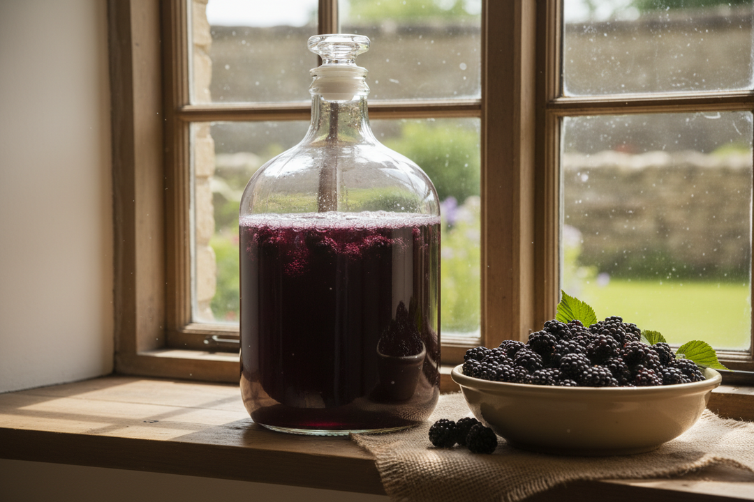 Freshly picked blackberries beside a demijohn of deep red country wine on a farmhouse kitchen table.
