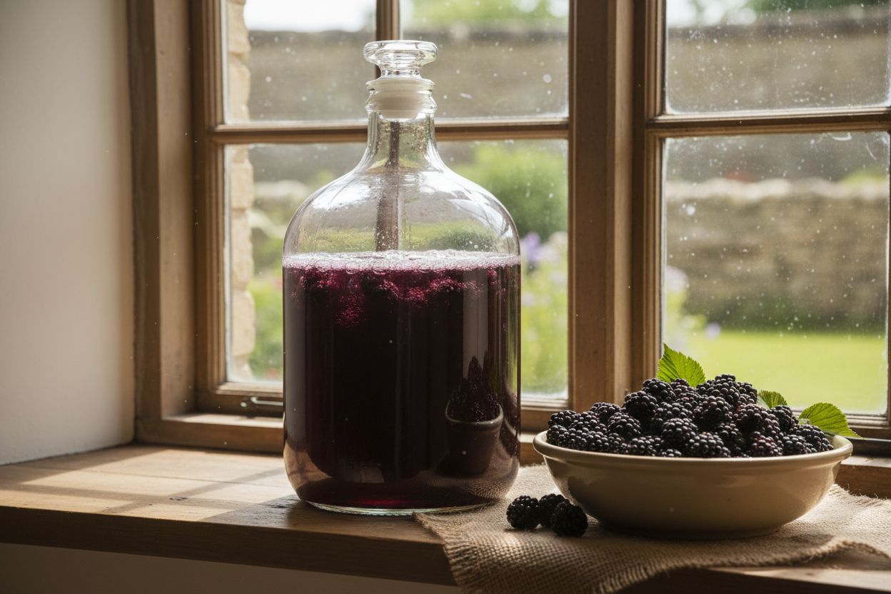 Freshly picked blackberries beside a demijohn of deep red country wine on a farmhouse kitchen table.
