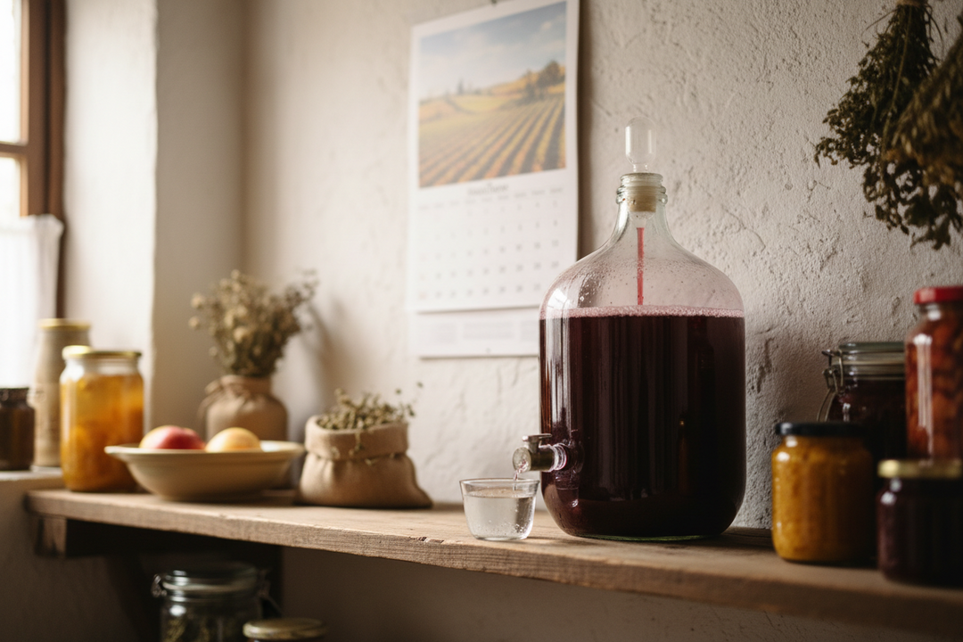 A demijohn of deep red country wine with an airlock, standing beside a bowl of hedgerow fruit on a wooden table.