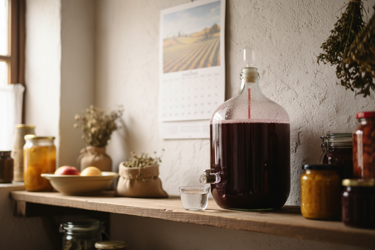 A demijohn of deep red country wine with an airlock, standing beside a bowl of hedgerow fruit on a wooden table.