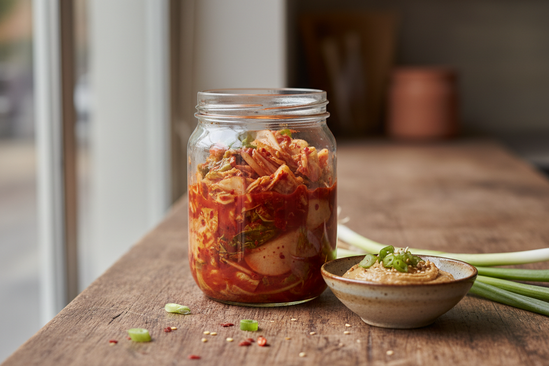 A glass jar of bright red homemade vegan kimchi beside a chopping board of napa cabbage, garlic and spring onions.