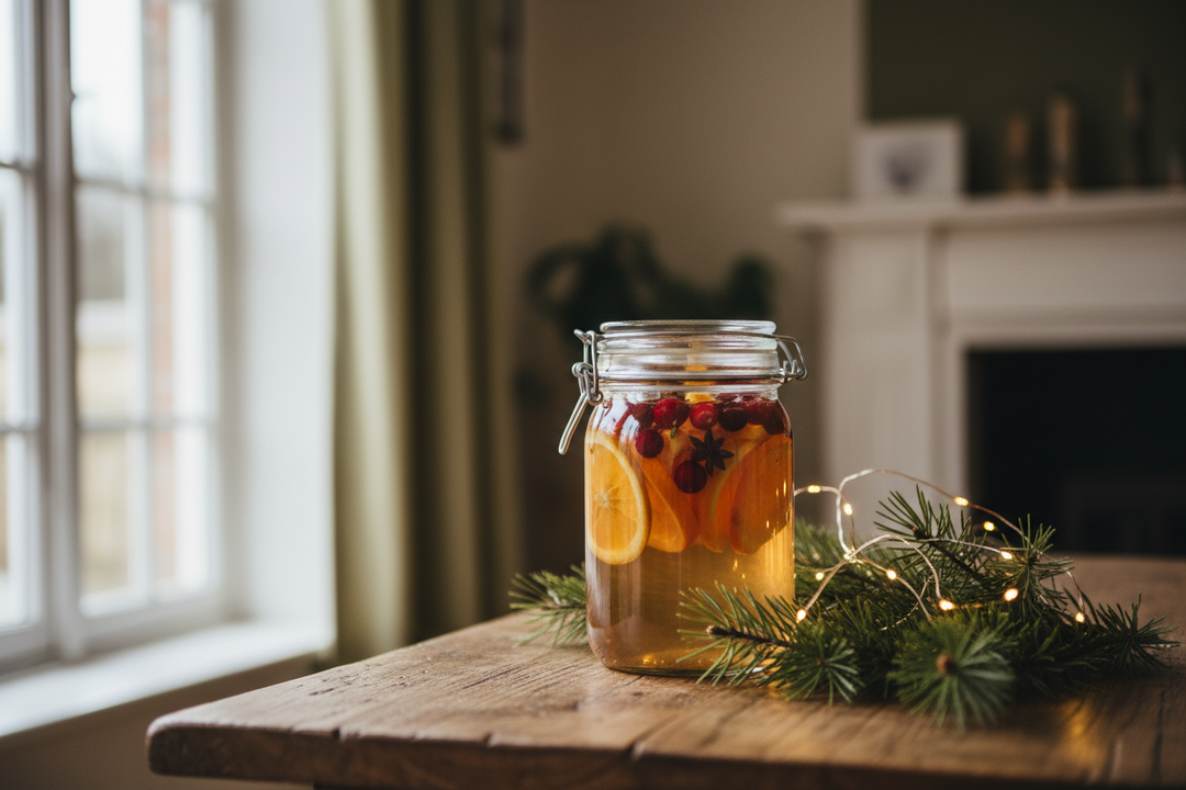 A jar of gin infusing with orange peel, cinnamon sticks, cloves and cranberries on a wooden kitchen table.