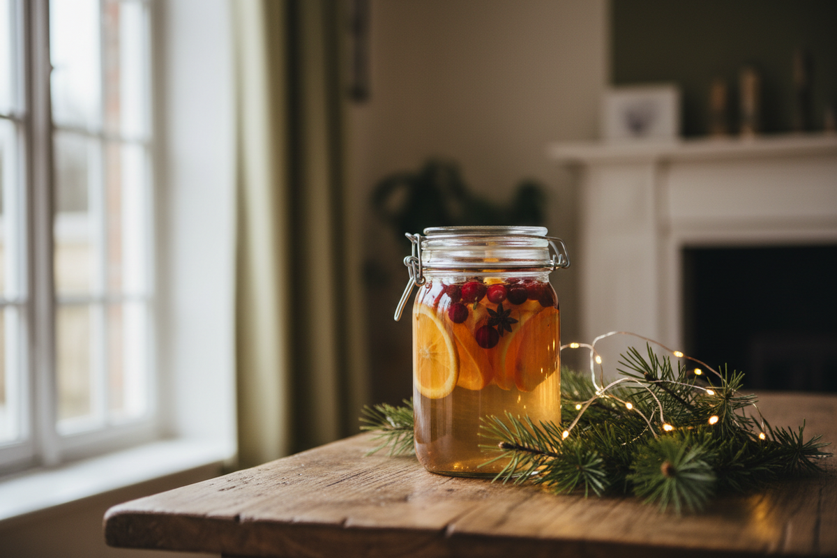 A jar of gin infusing with orange peel, cinnamon sticks, cloves and cranberries on a wooden kitchen table.