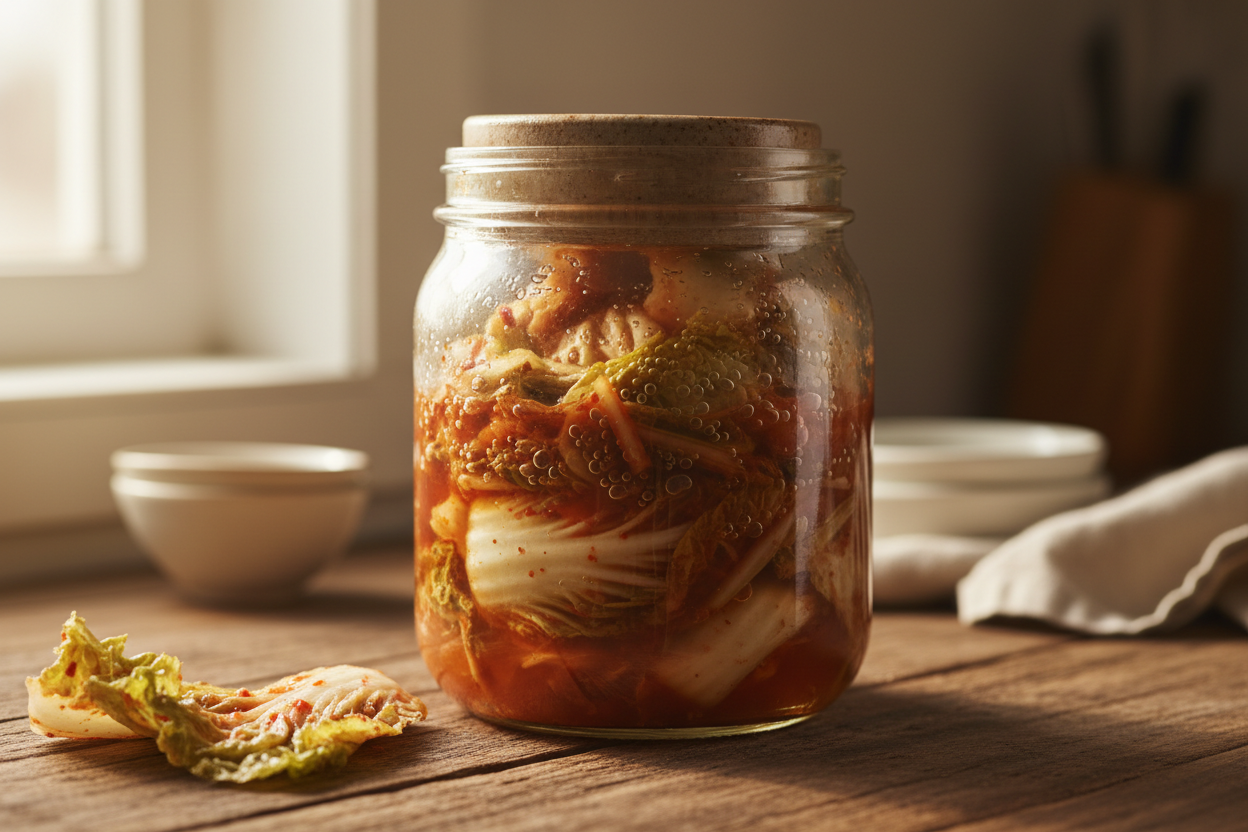 A jar of freshly made kimchi with chilli paste and cabbage on a rustic kitchen worktop.