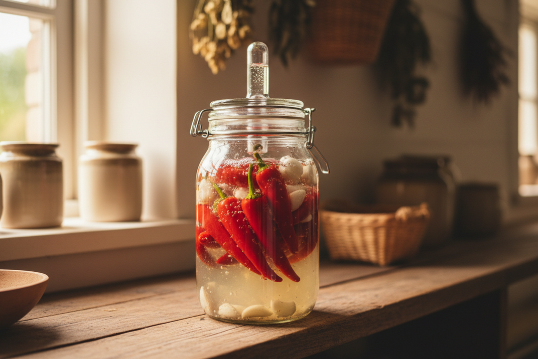 Bright red chillies fermenting in a brine-filled glass jar next to bottles of finished hot sauce on a rustic wooden table.