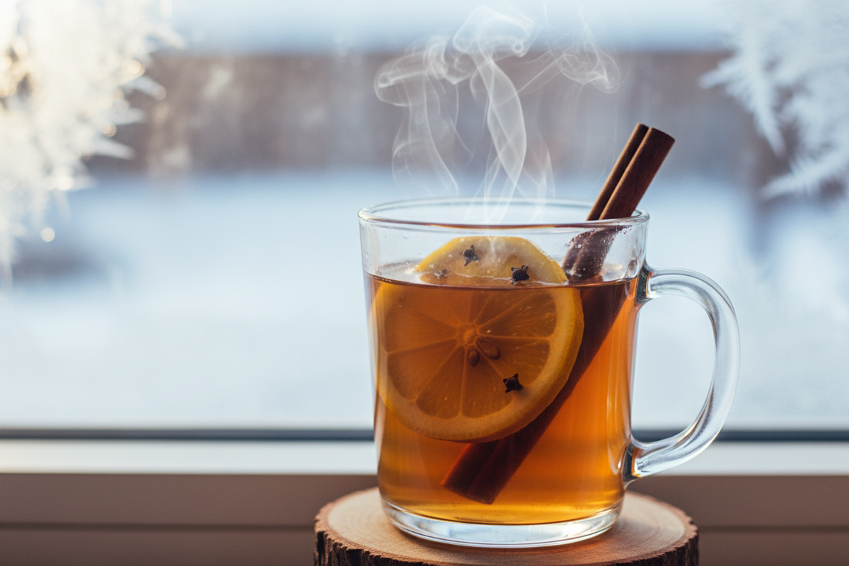 A steaming hot toddy in a heatproof glass with a cinnamon stick and lemon slice, beside a bottle of homemade spiced rum on a rustic wooden table.