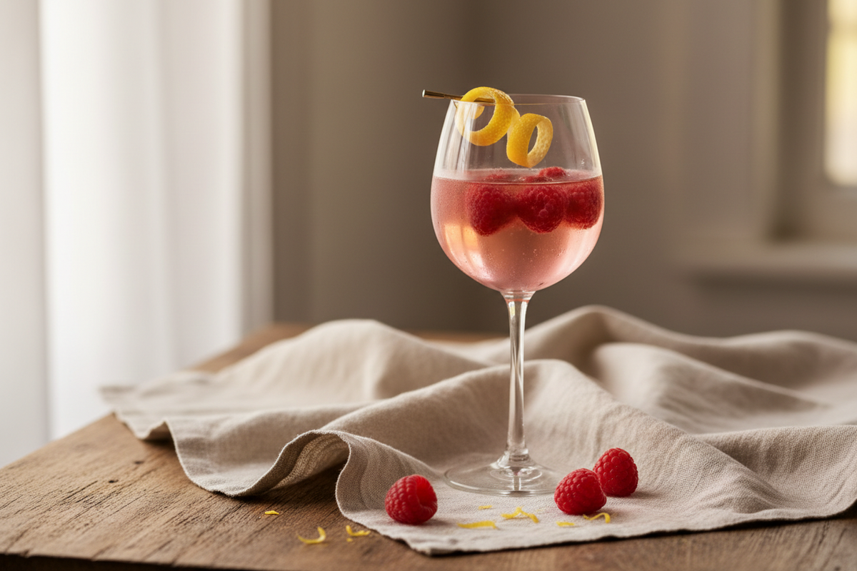 A bottle and glass of pale pink homemade gin beside fresh raspberries and dried flowers on a rustic wooden table.