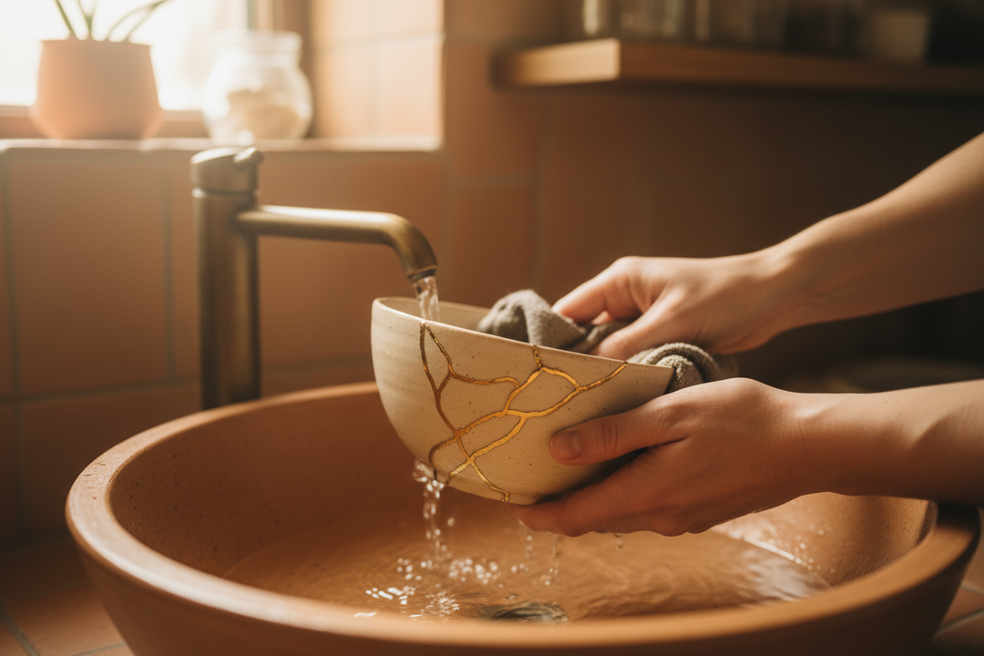 A repaired ceramic bowl with golden seams holding a lit tea light on a wooden shelf.