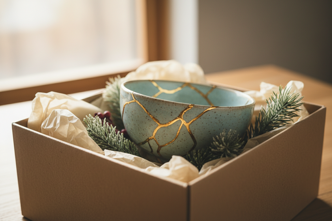 A broken ceramic bowl mid-repair with bright golden seams, gold powder and a mixing card laid out on a wooden table.