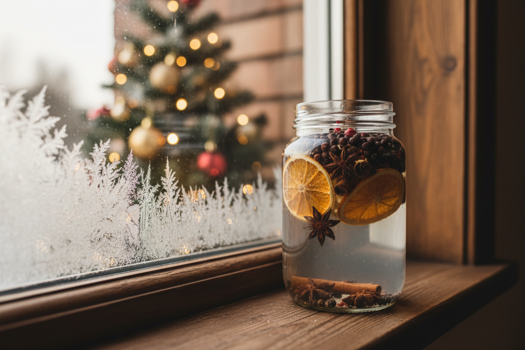 A jar of vodka infusing with juniper berries and citrus peel beside a labelled swing-top bottle of amber homemade gin.