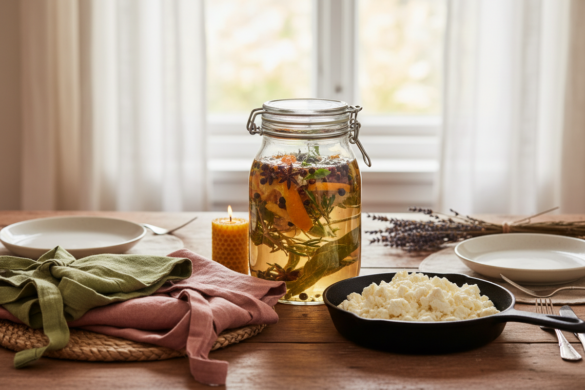 A kitchen table with a jar of gin infusing, a bowl of fresh curds draining in cloth and a golden-repaired ceramic bowl set out for an evening of making.