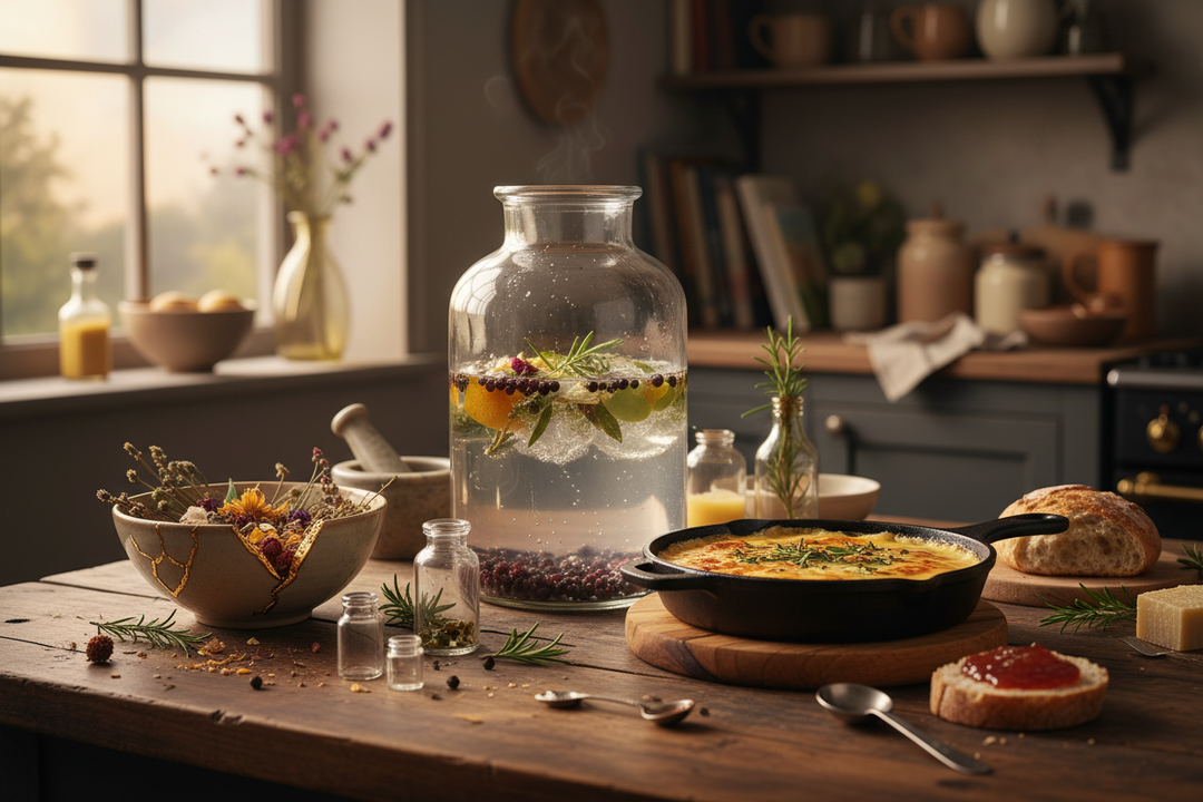 A kitchen table set up for an evening of making, with gin botanicals in small dishes, a bowl mid golden repair and fresh cheese draining in cloth.