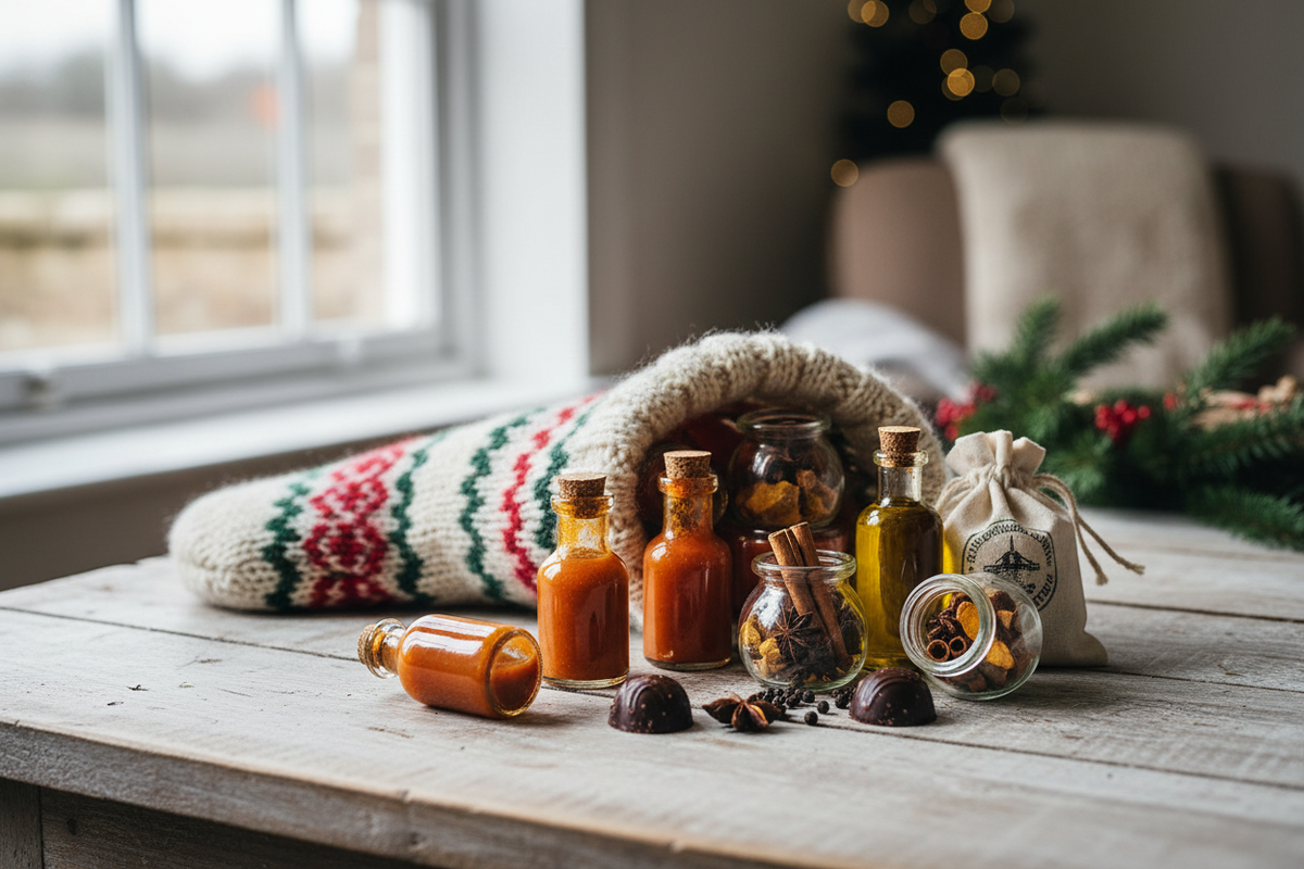 Small food gifts, spices and a wrapped parcel spilling from a Christmas stocking onto a wooden table.