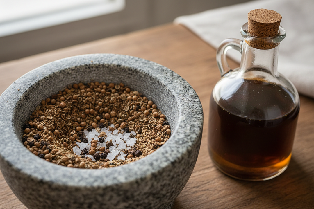 Cracked coriander seed, black pepper and salt in small bowls beside strips of spiced beef drying on a rack.