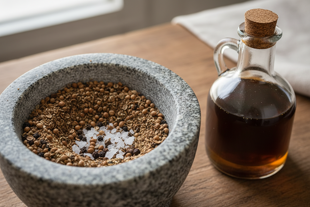 Cracked coriander seed, black pepper and salt in small bowls beside strips of spiced beef drying on a rack.