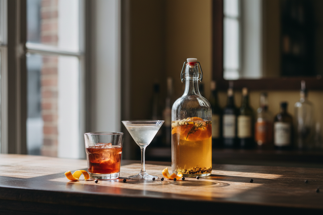 A stirred gin cocktail in a coupe glass beside a bottle of homemade gin and a twist of orange peel on a wooden bar top.