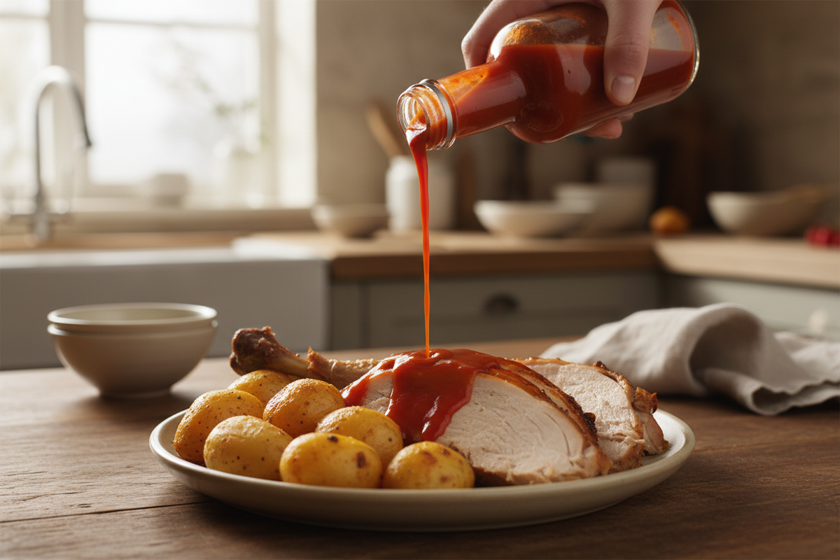 Bottles of homemade chilli sauce beside a plate of cold turkey and roast potatoes on a rustic wooden table.