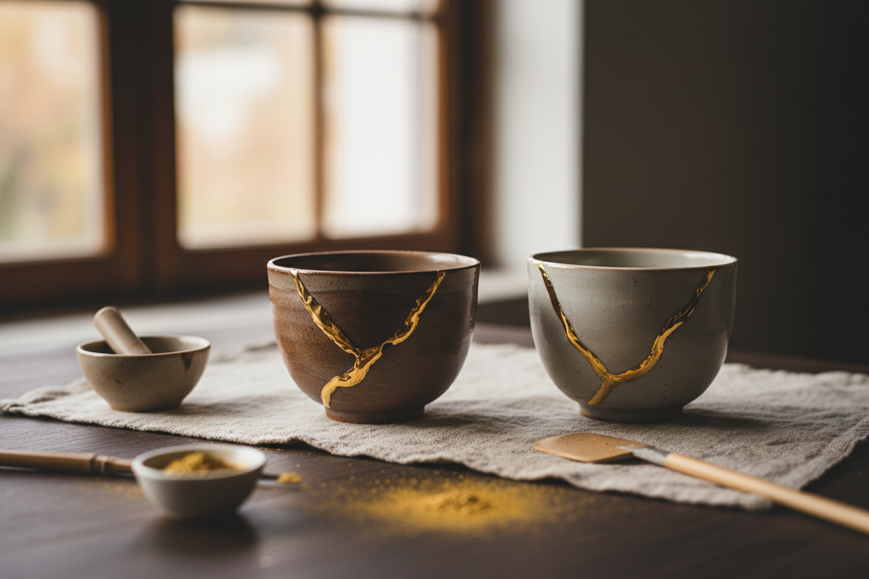 A broken white bowl part-way through a golden repair, with epoxy, gold powder and a spreader laid out on a wooden table.