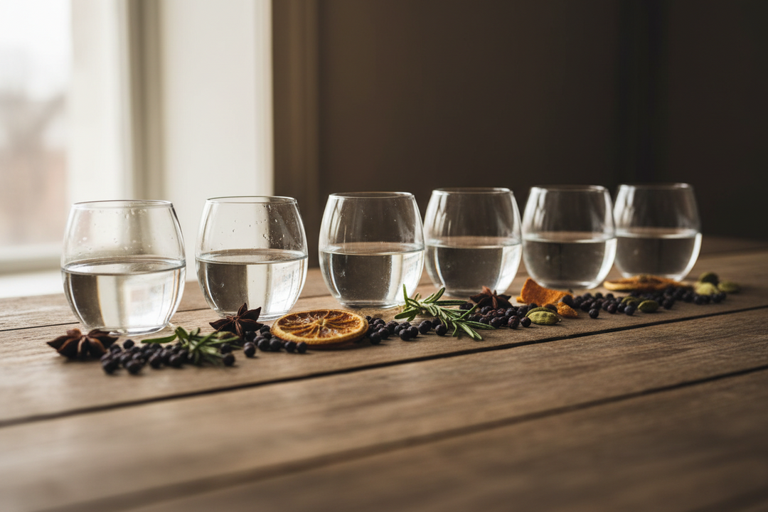 Four small tasting glasses of homemade gin lined up on a wooden table with juniper berries and citrus peel.
