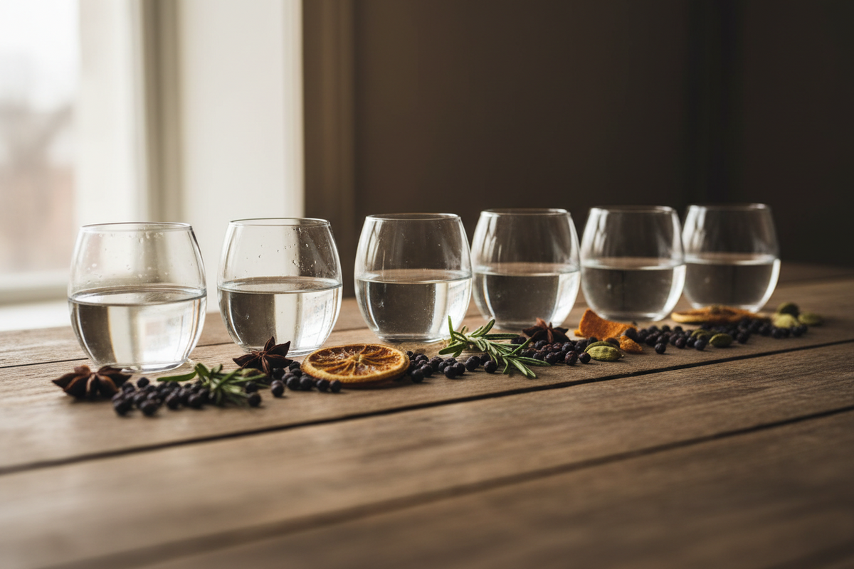 Four small tasting glasses of homemade gin lined up on a wooden table with juniper berries and citrus peel.