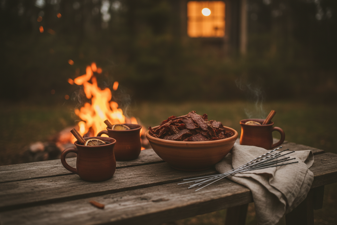 Strips of homemade beef jerky and a bottle of spiced rum on a wooden table with a bonfire burning in the background.