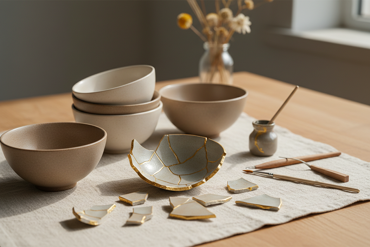 Broken china bowl pieces laid out on a wooden table beside gold powder, a mixing card and a spreader ready for a kintsugi repair.