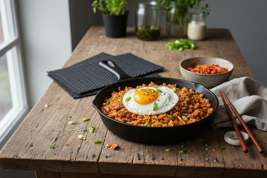A bowl of orange kimchi fried rice topped with a fried egg and sliced spring onion on a wooden table.