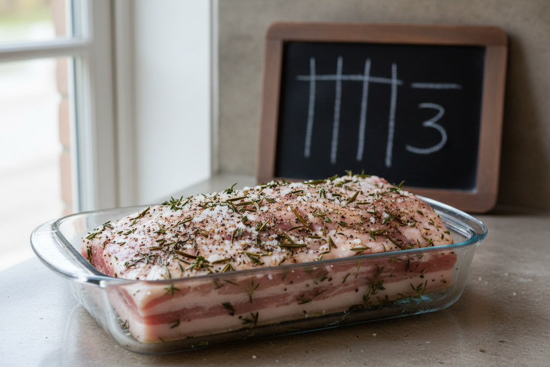 A slab of pork belly coated in dry curing salt and spices resting in a dish on a rustic wooden kitchen table.