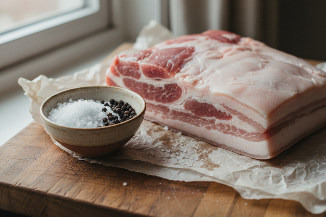 A piece of pork belly being rubbed with dry cure and spices on a wooden board in a farmhouse kitchen.