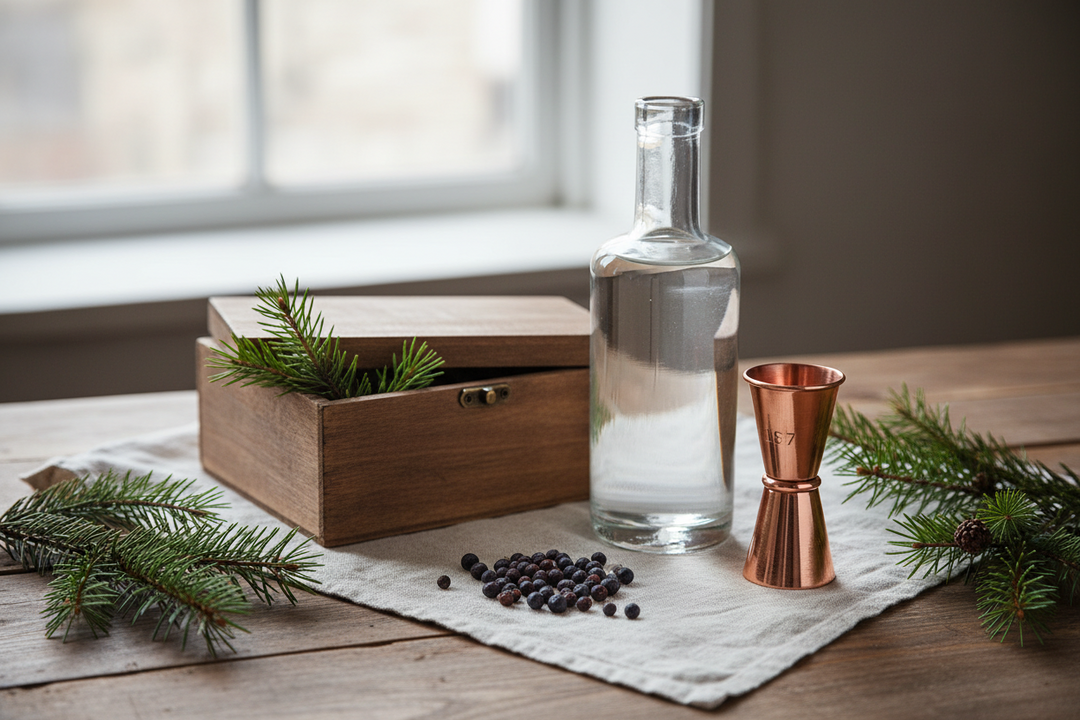 A bottle of homemade gin with juniper berries, dried citrus peel and a glass of tonic on a rustic wooden table.