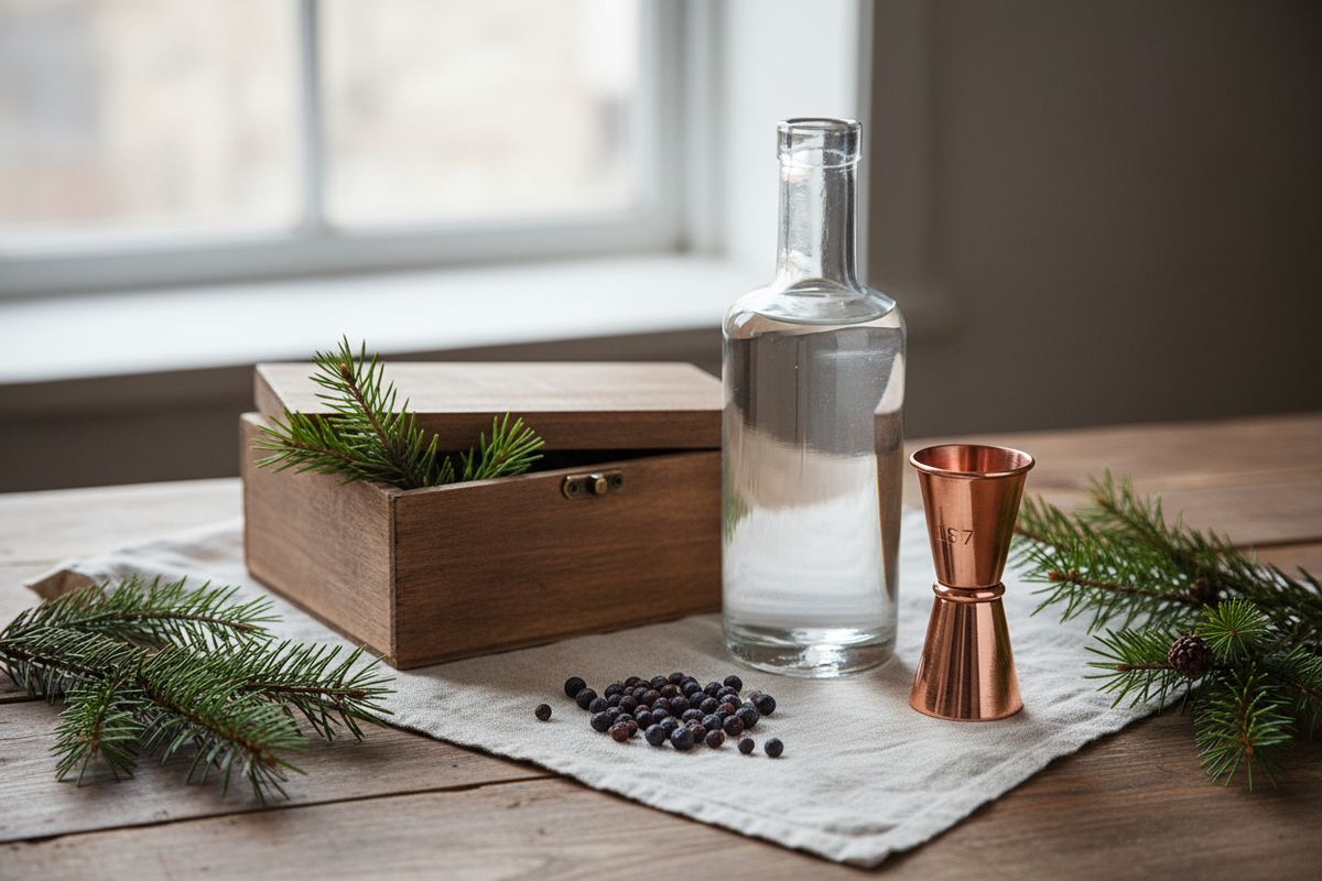 A bottle of homemade gin with juniper berries, dried citrus peel and a glass of tonic on a rustic wooden table.